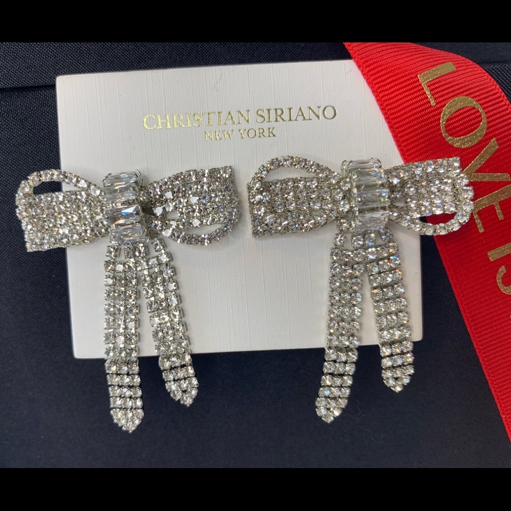 Christian Siriano Sparkly Crystal Bow Drop Earrings New On Card